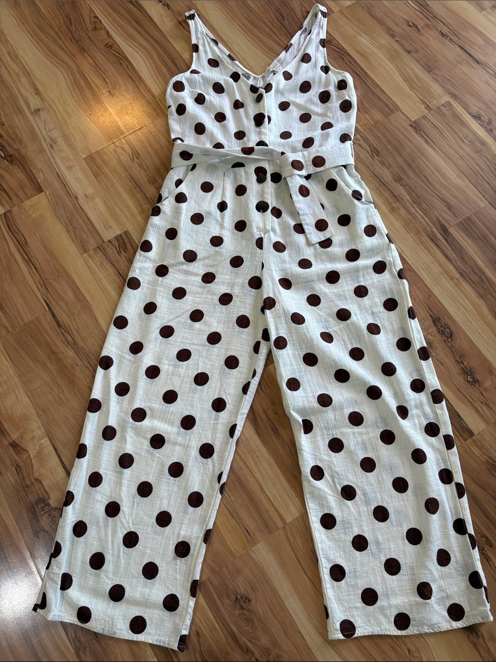 Monteau Cream jumpsuit with Brown Polka Dot Print